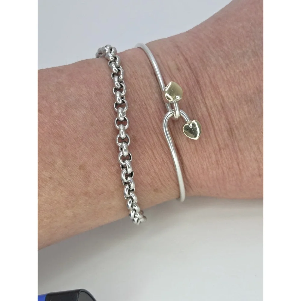 Tiffany &Co 18K Gold Double Hearts w/ Silver Bangle Love Hook Bracelet Love Gift